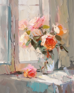 Rose arancioni e rosa accanto alla finestra