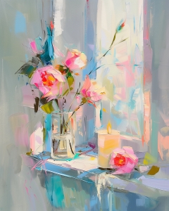 Roses dans un vase en verre avec bougie sur le rebord de fen&ecirc;tre