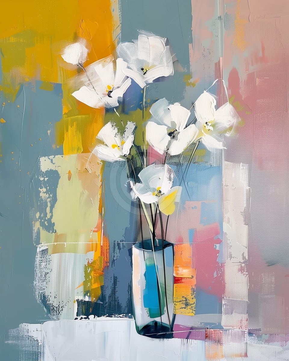 Flores Blancas en un Florero Alto de Vidrio