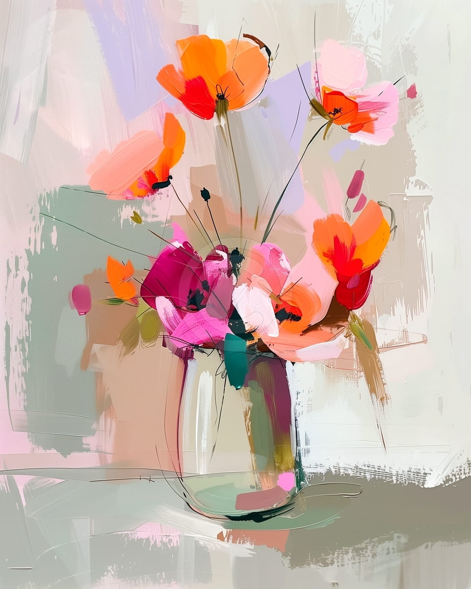 Fleurs rouges et roses dans un vase en verre rond