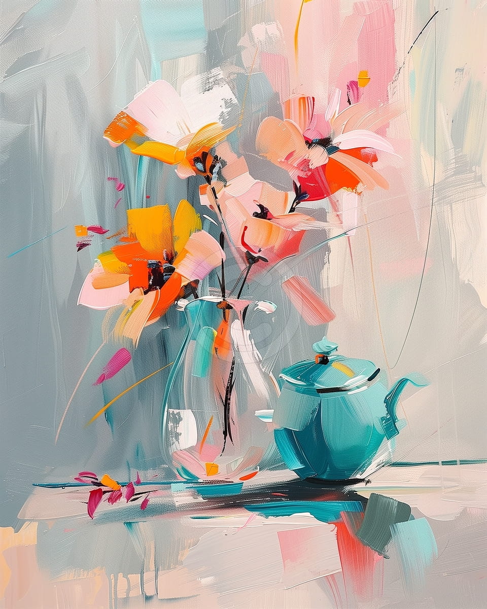 Flores en un florero con tetera verde azulado