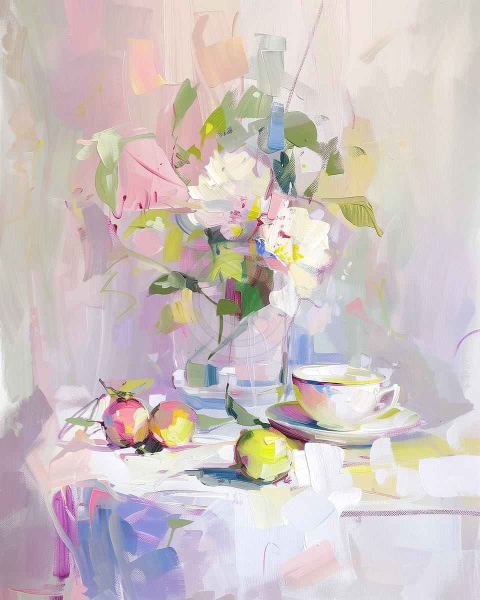 Flores blancas, taza de té y manzanas sobre mesa clara