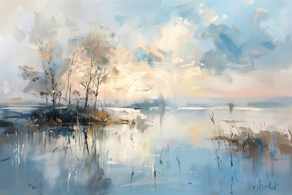 Arbres Calmes au Bord du Lac au Lever du Soleil