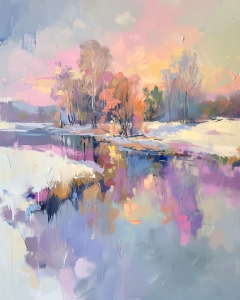 Alberi invernali riflessi nella luce del tramonto