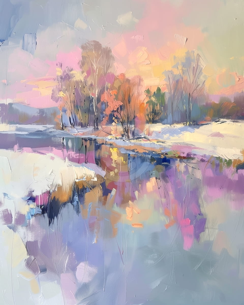 Winterbäume im Licht des Sonnenuntergangs gespiegelt