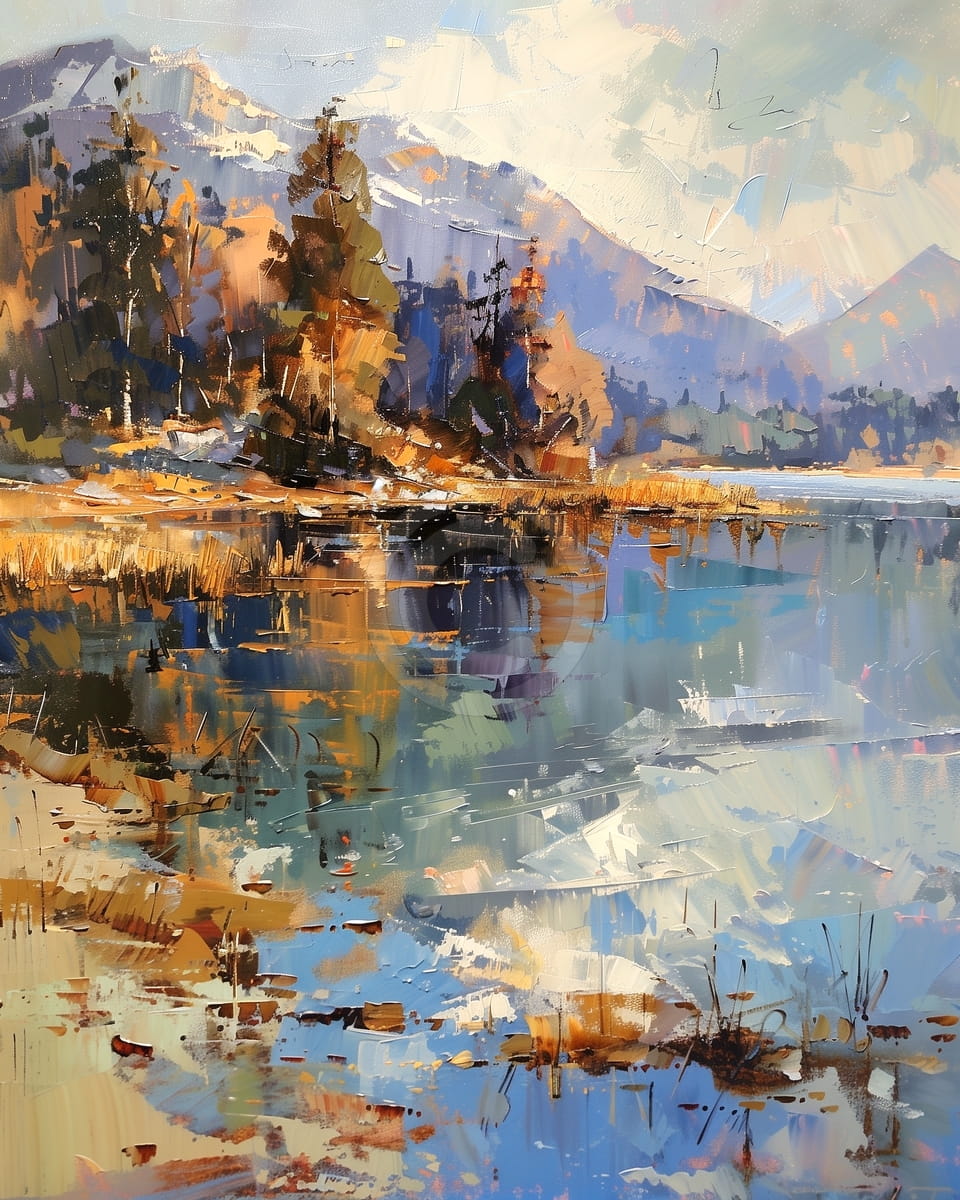 Lago con alberi e sfondo montuoso