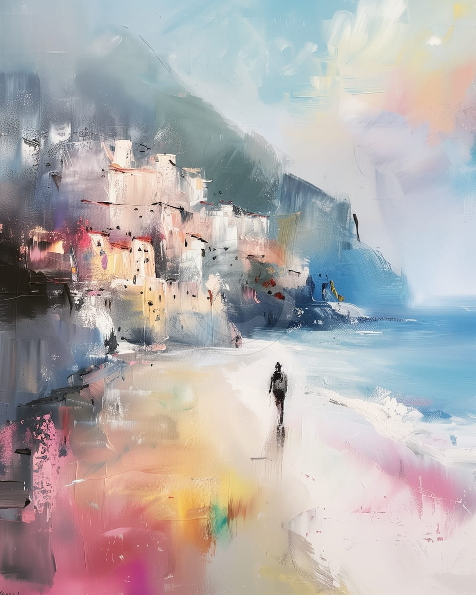 Village côtier avec promeneur au loin