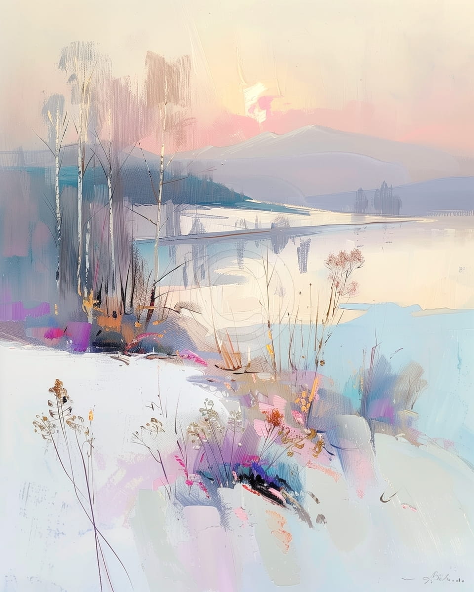 Lac gelé au coucher du soleil