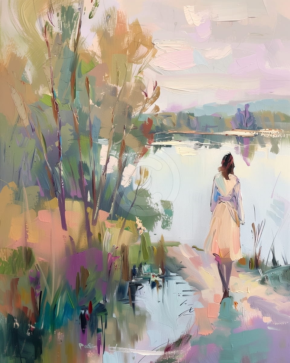 Femme marchant au bord du lac