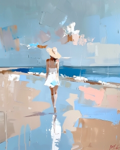 Mujer con Falda Blanca Caminando por la Playa