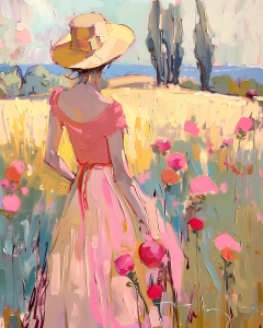 Femme au chapeau parmi les fleurs sauvages