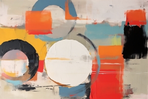 Circles and Orange Blocks on Yellow and Blue Background