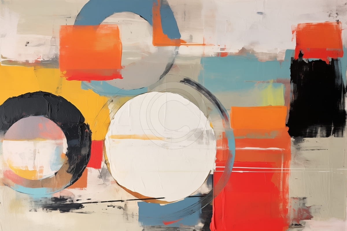 Circles and Orange Blocks on Yellow and Blue Background