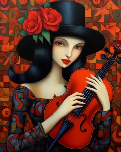 Woman with Violin and Red Roses