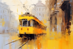 Yellow Tram in the City