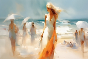 Women on the Beach with White Dresses and Umbrellas