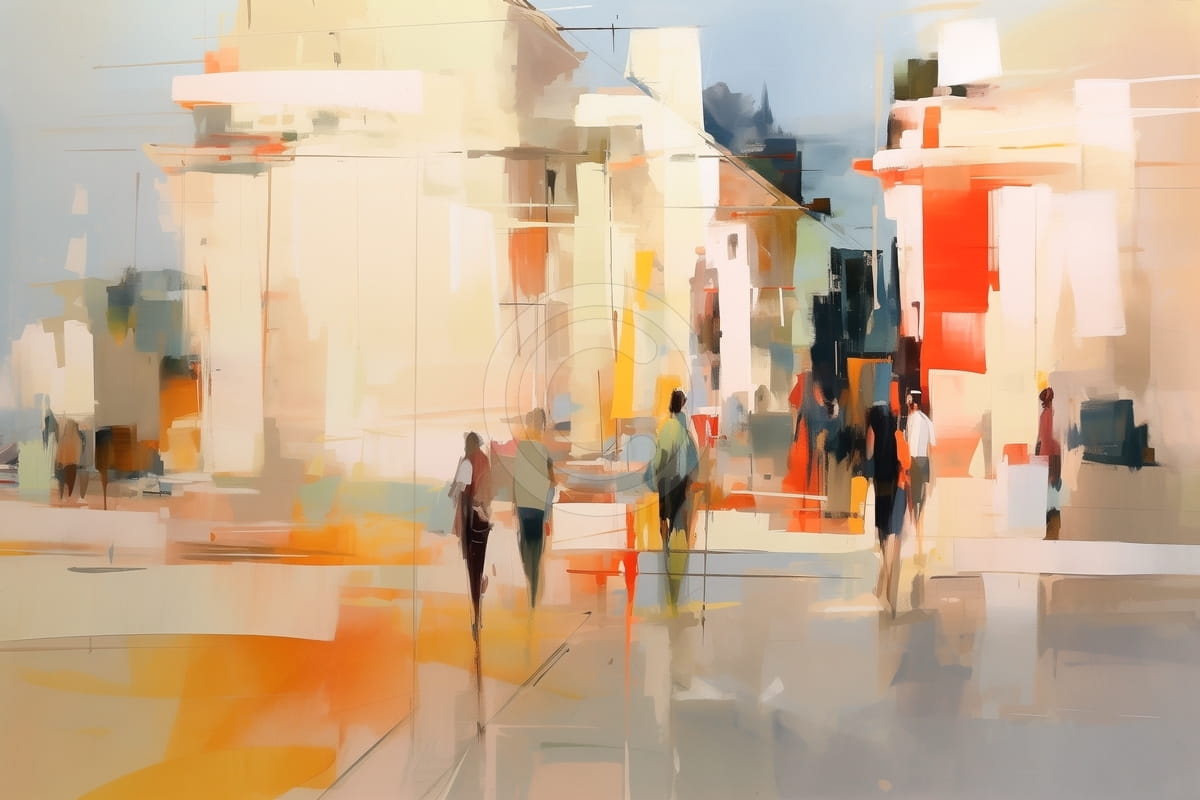 People Walking in Abstract Cityscape