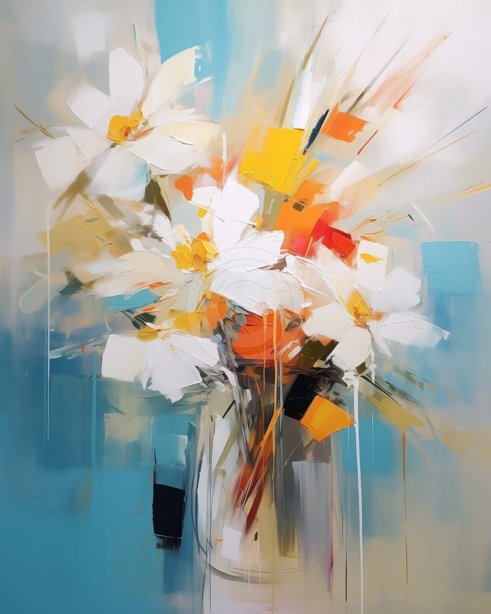 Marguerites blanches abstraites avec touches de jaune et orange
