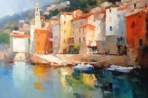 Barcos y Casas Coloridas Junto al Mar