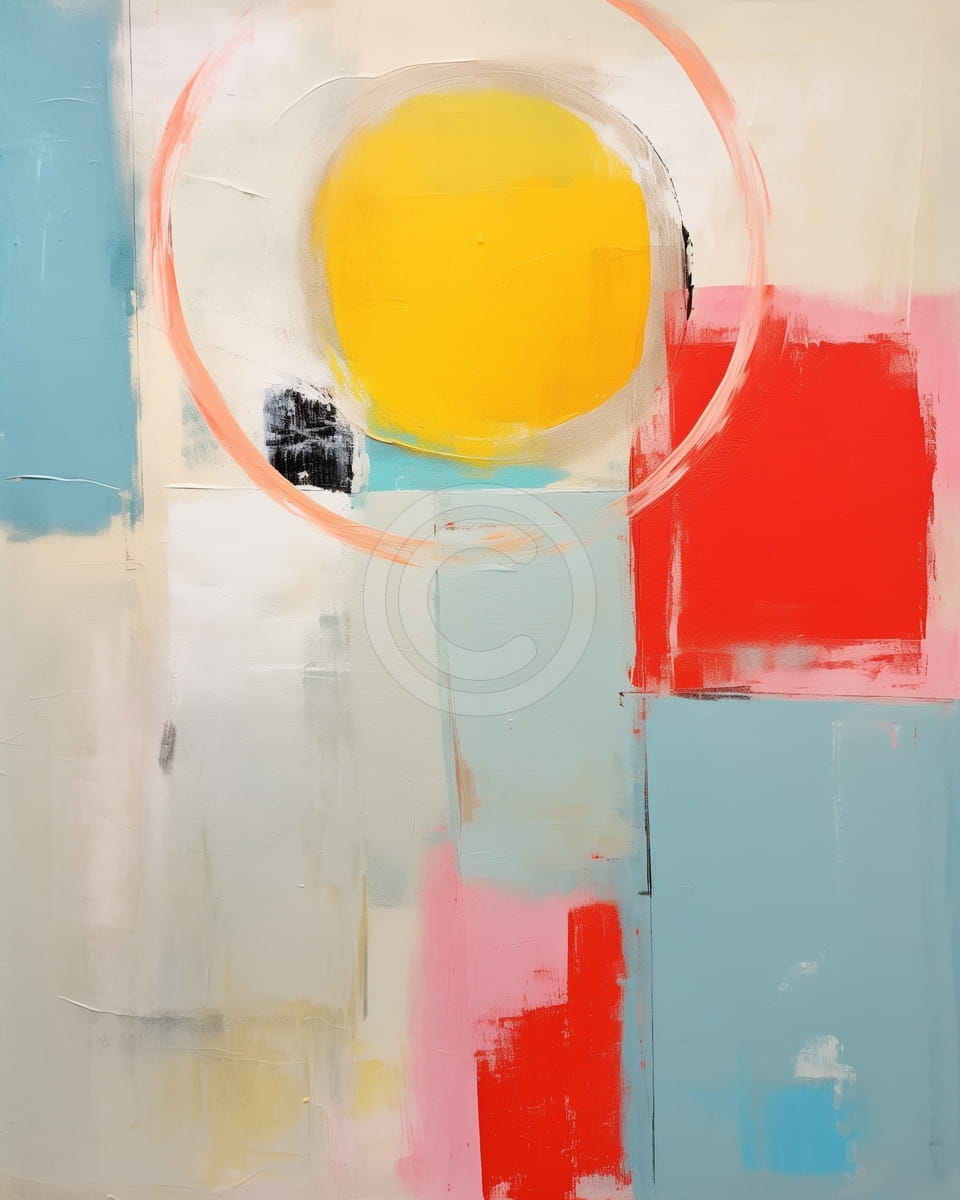 Gelber Kreis mit Roten und Blauen Abstrakten Blöcken