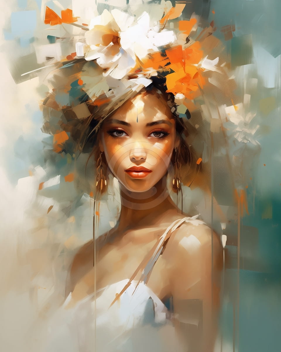 African Woman with Floral Crown and White Dress