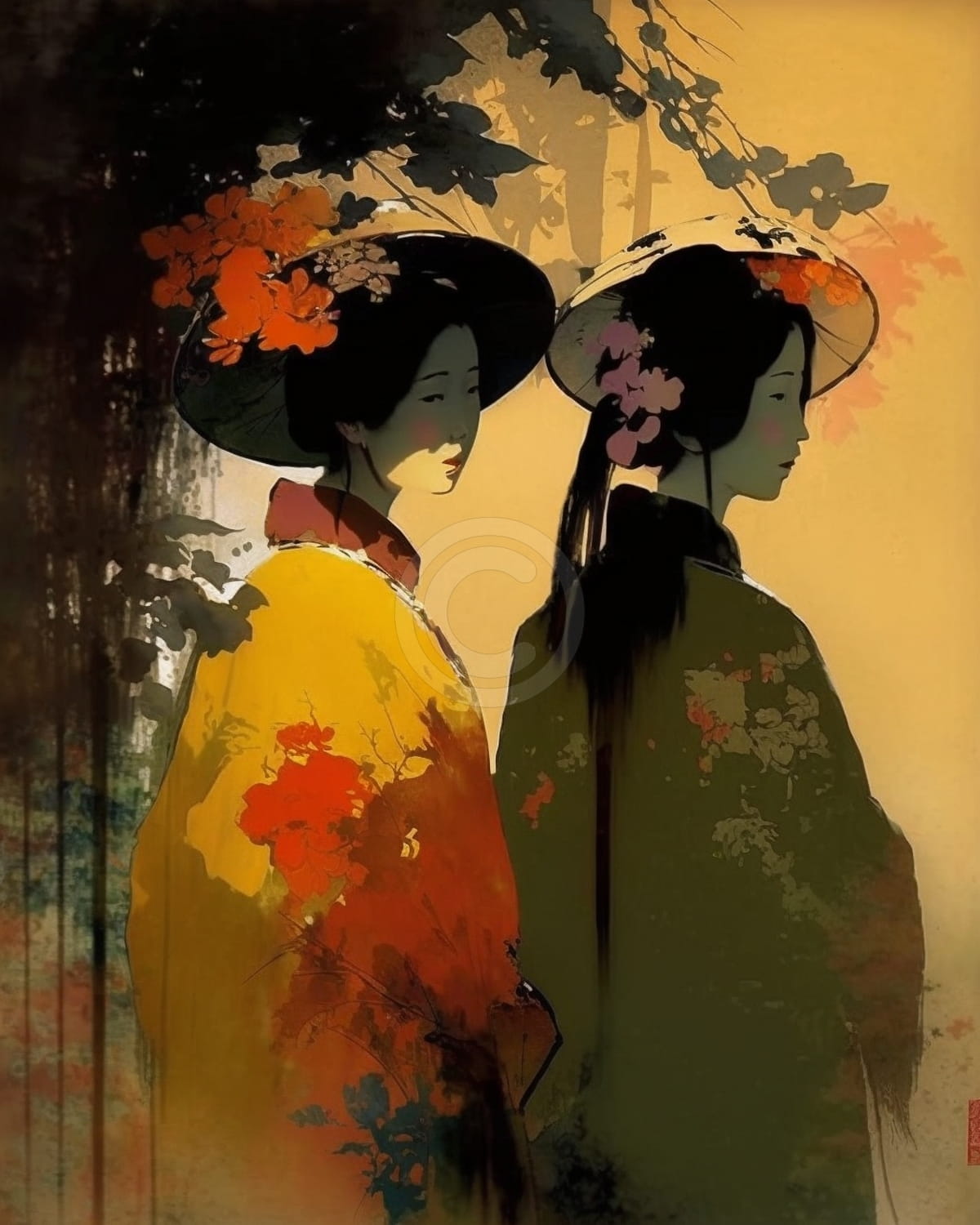 Zwei Frauen in traditioneller asiatischer Kleidung