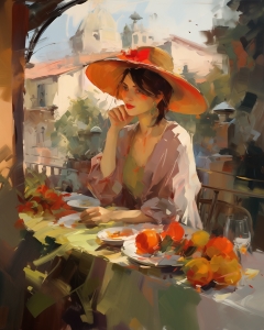 Woman with Oranges on a Sunlit Terrace
