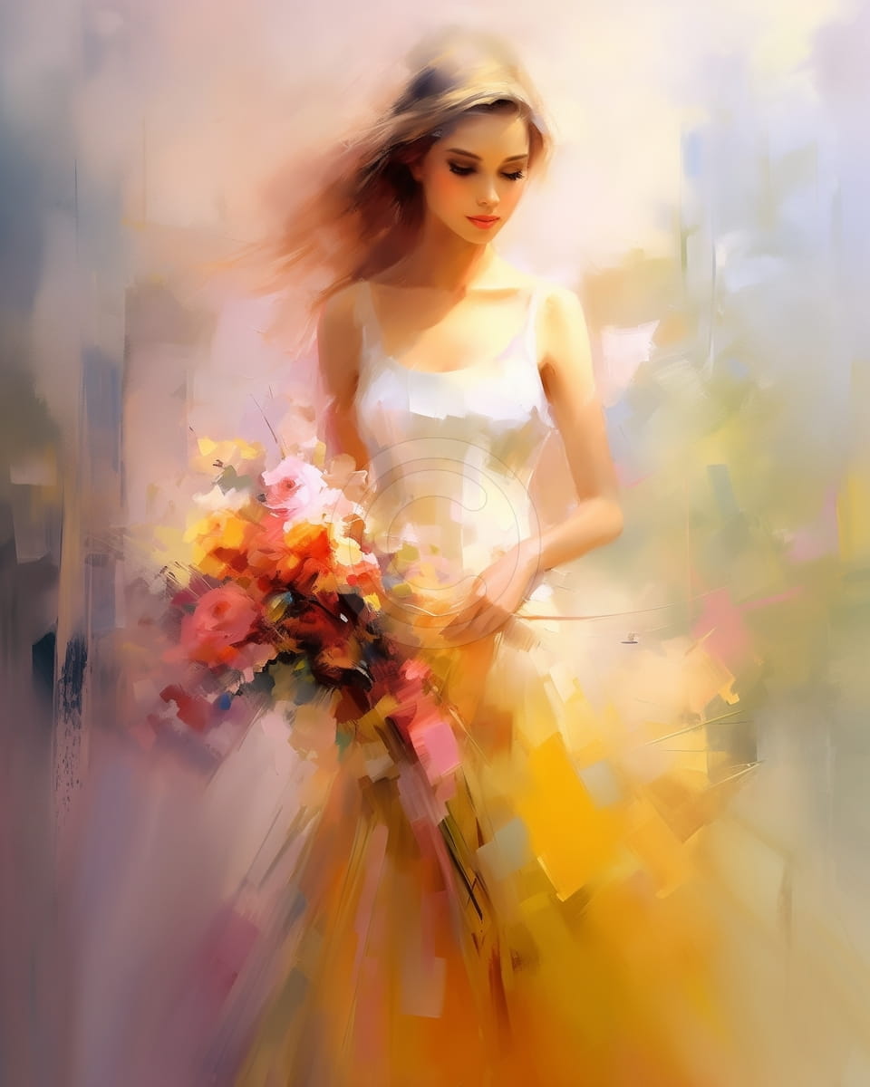 Donna in abito giallo con bouquet