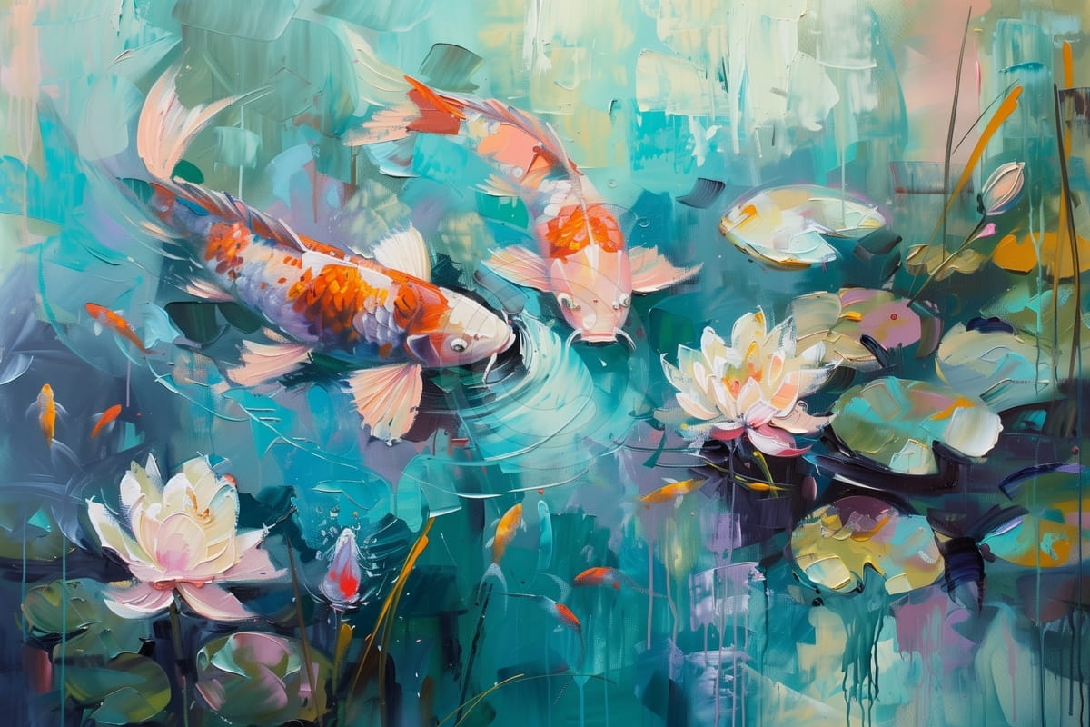 Koi-Fische und Seerosen