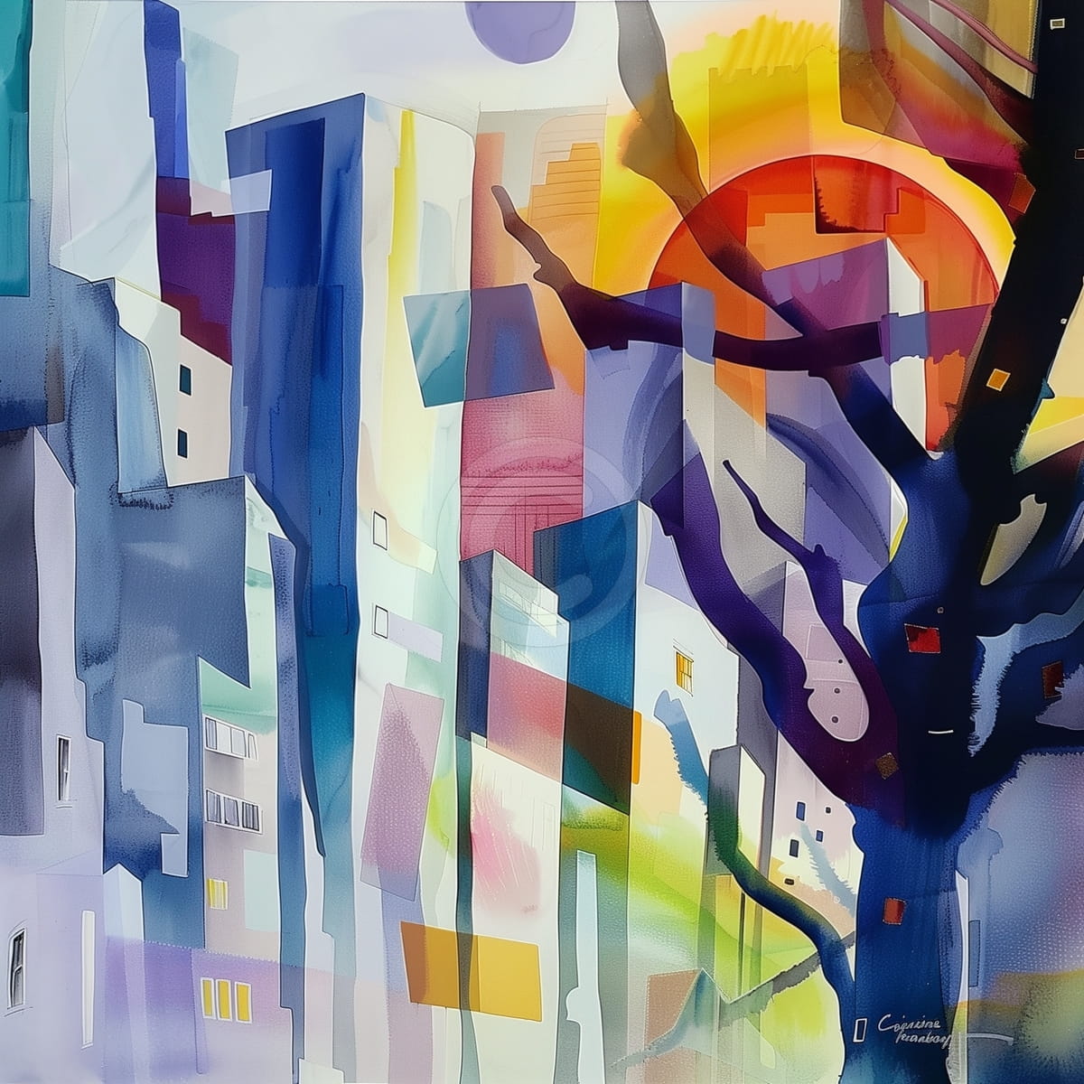 Stadtansicht mit Sonnenuntergang und Silhouettenbaum