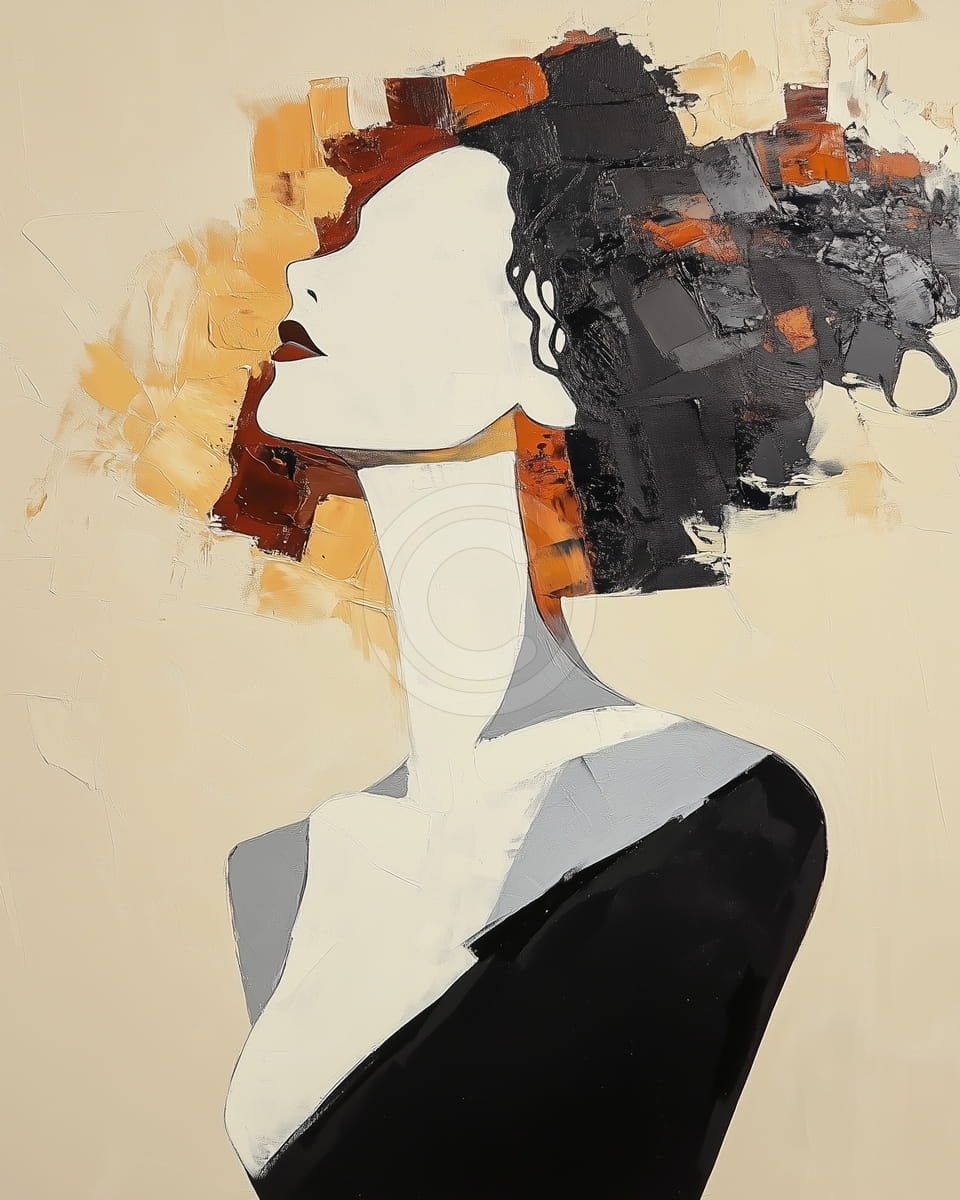 Frau mit Geneigtem Kopf und Abstraktem Haar