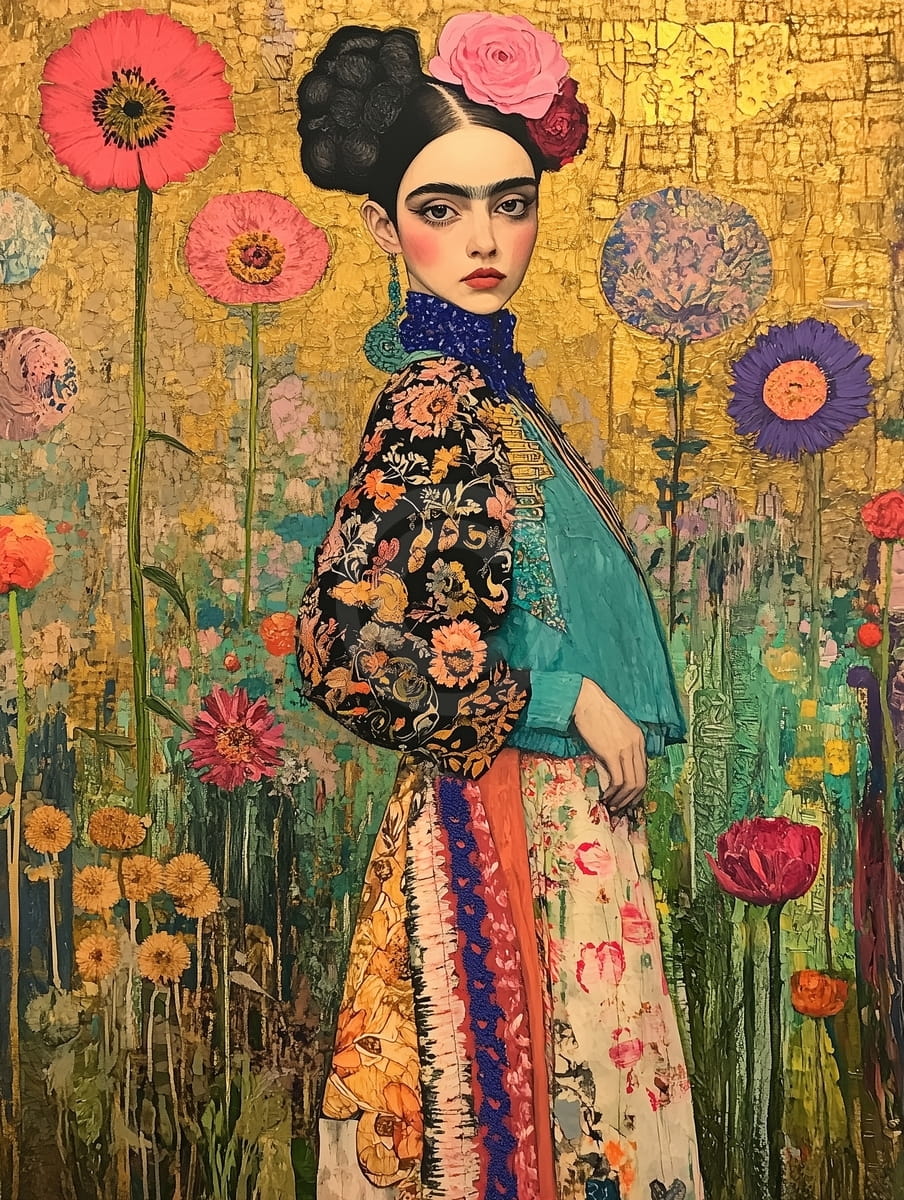 Woman in Floral Garden with Golden Background