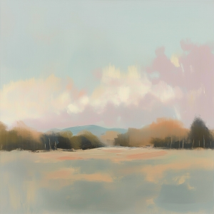 Paisaje en Tonos Pastel con &Aacute;rboles y Colinas a lo Lejos