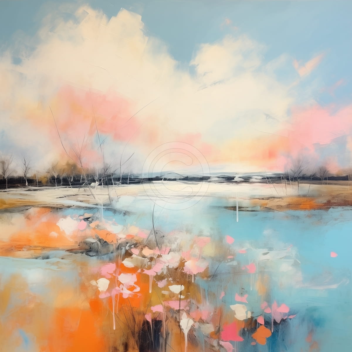 Abstract Landscape with Flowers and Pastel Sky
