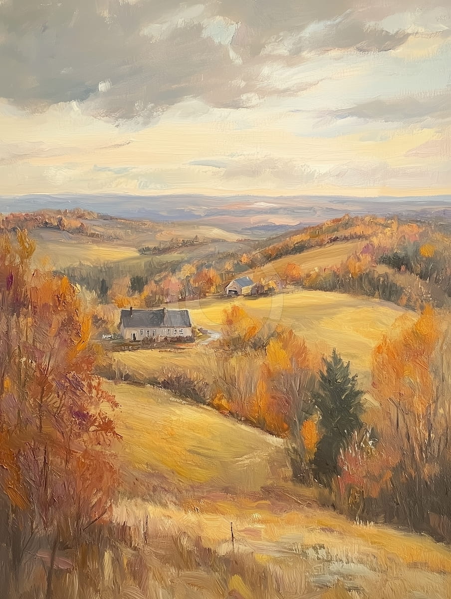 Colinas otoñales con casas rurales