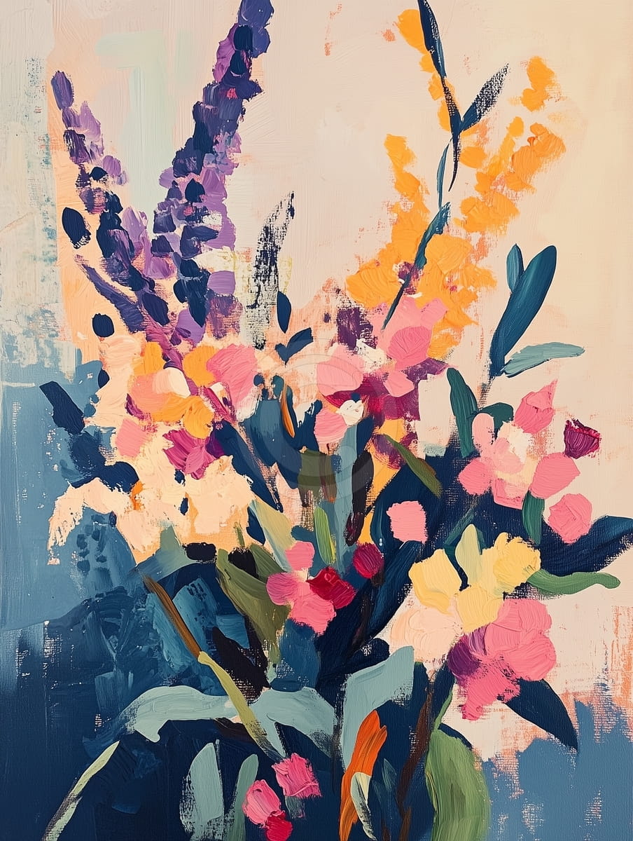 Ramo floral colorido sobre fondo azul