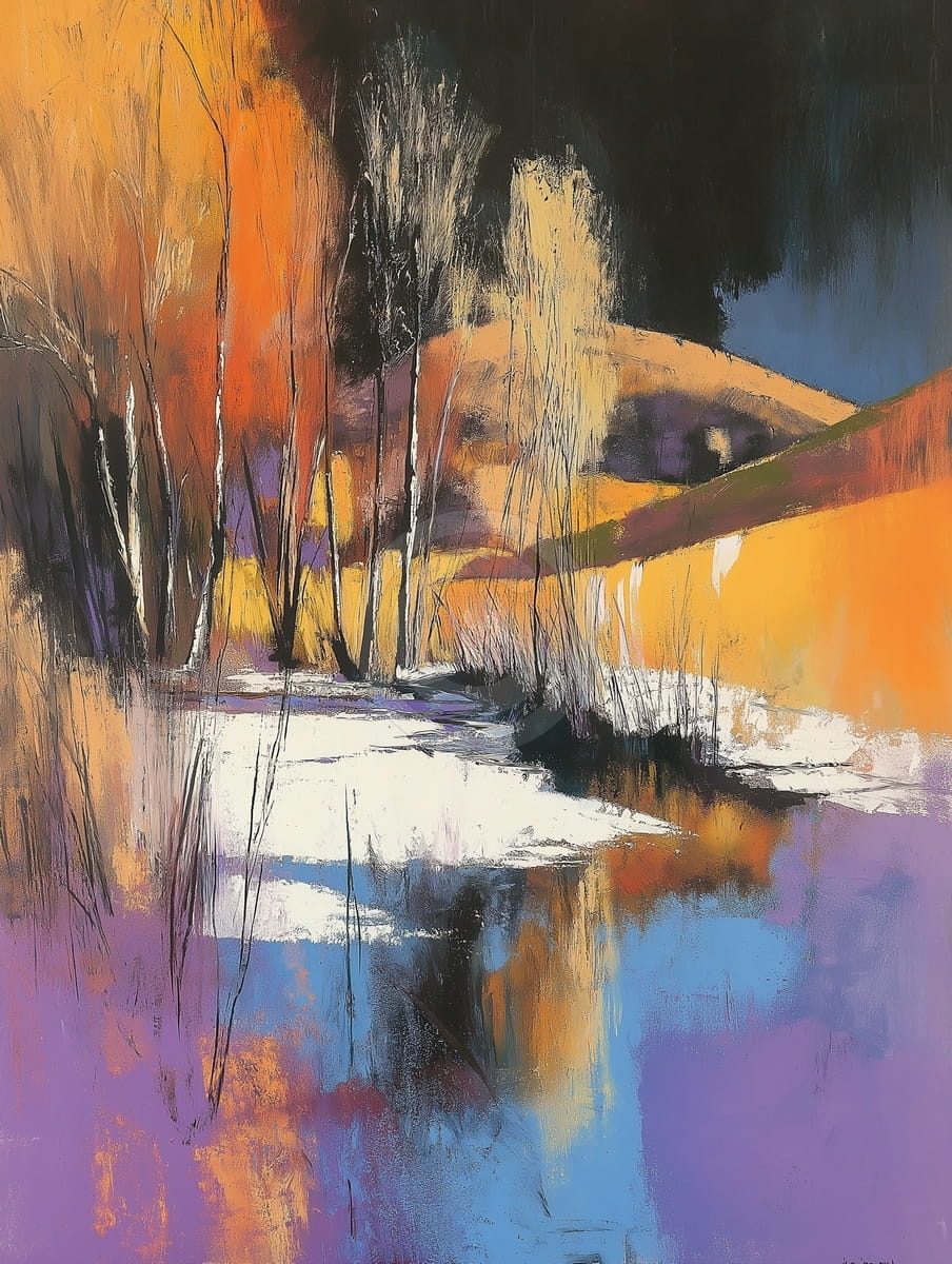 Árboles otoñales junto a un arroyo reflejante