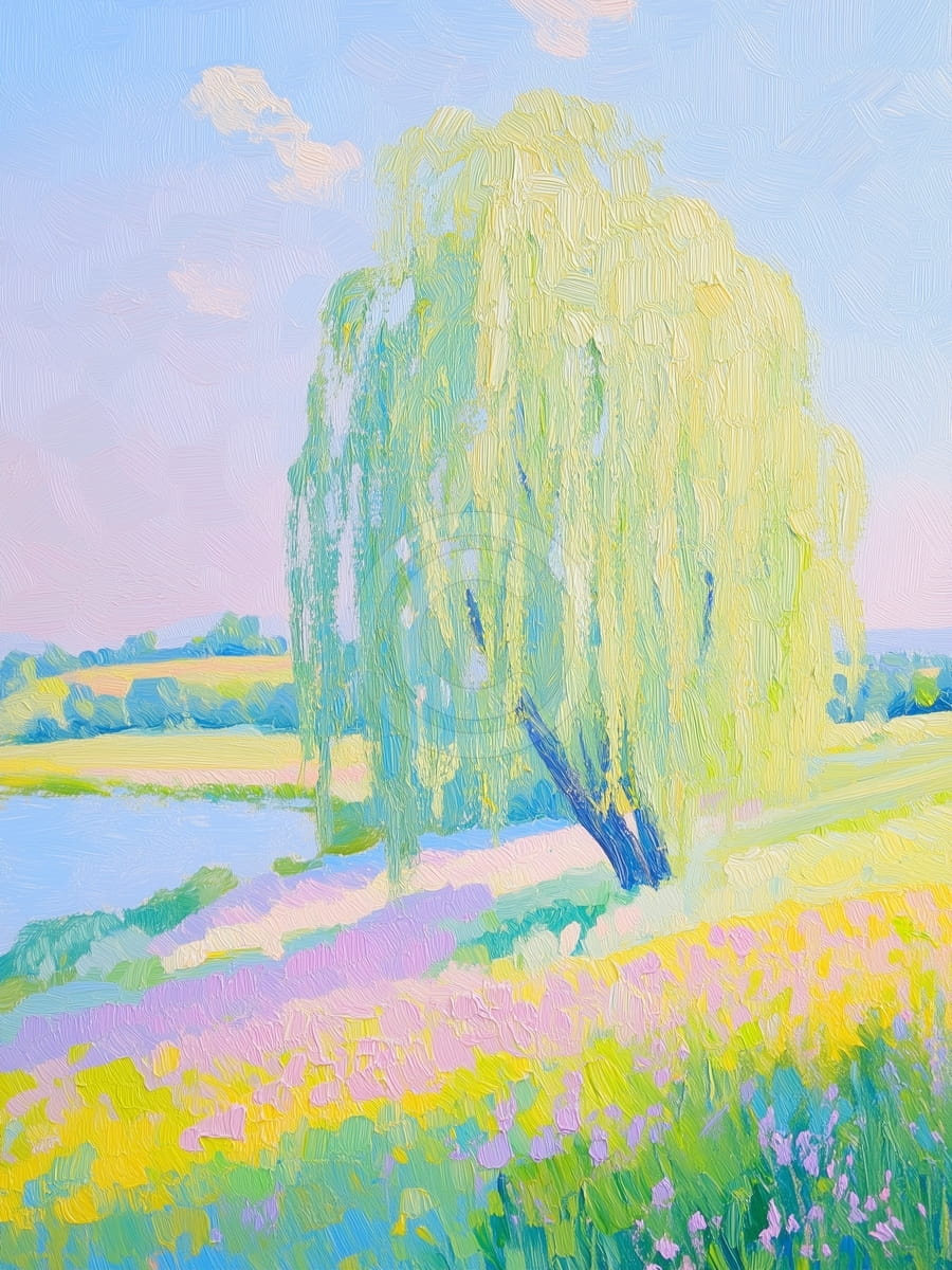 Salice accanto a un prato colorato