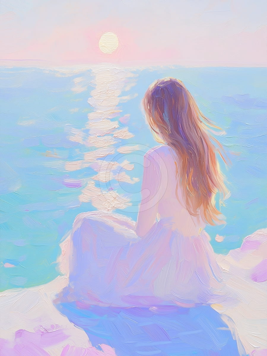 Chica sentada junto al mar al atardecer