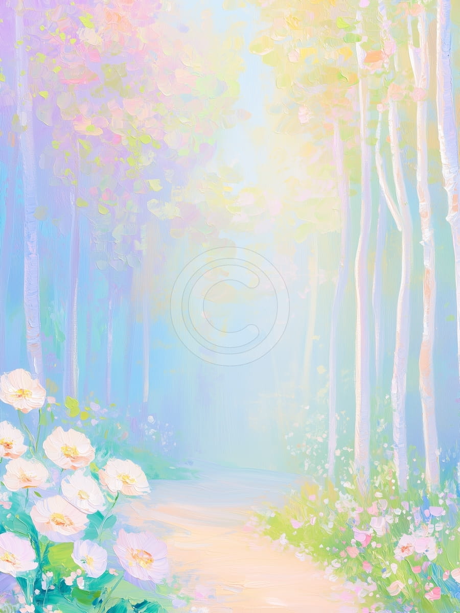 Sentiero nel bosco con fiori bianchi in luce pastello