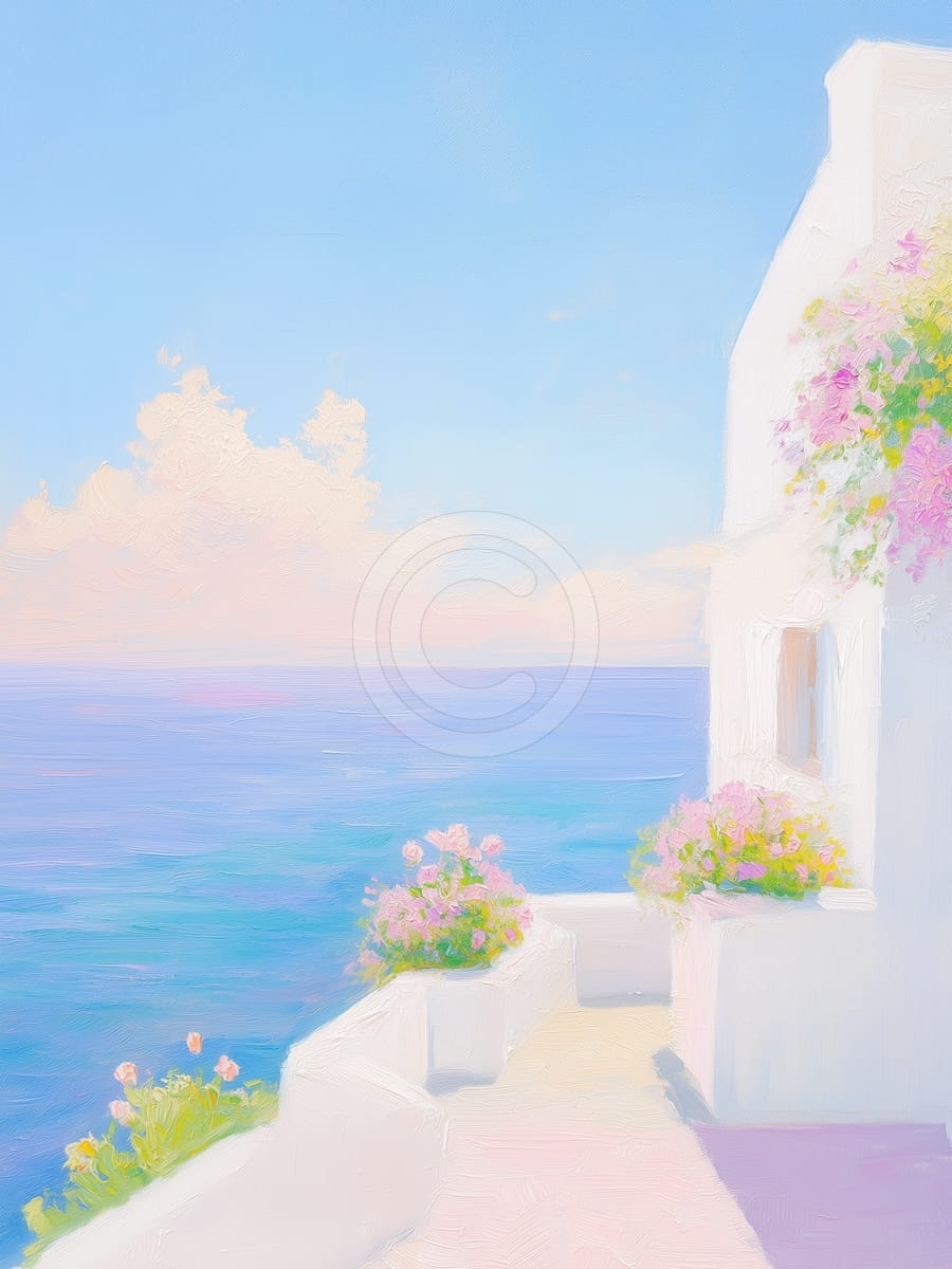 Terrasse en bord de mer avec fleurs et murs blancs