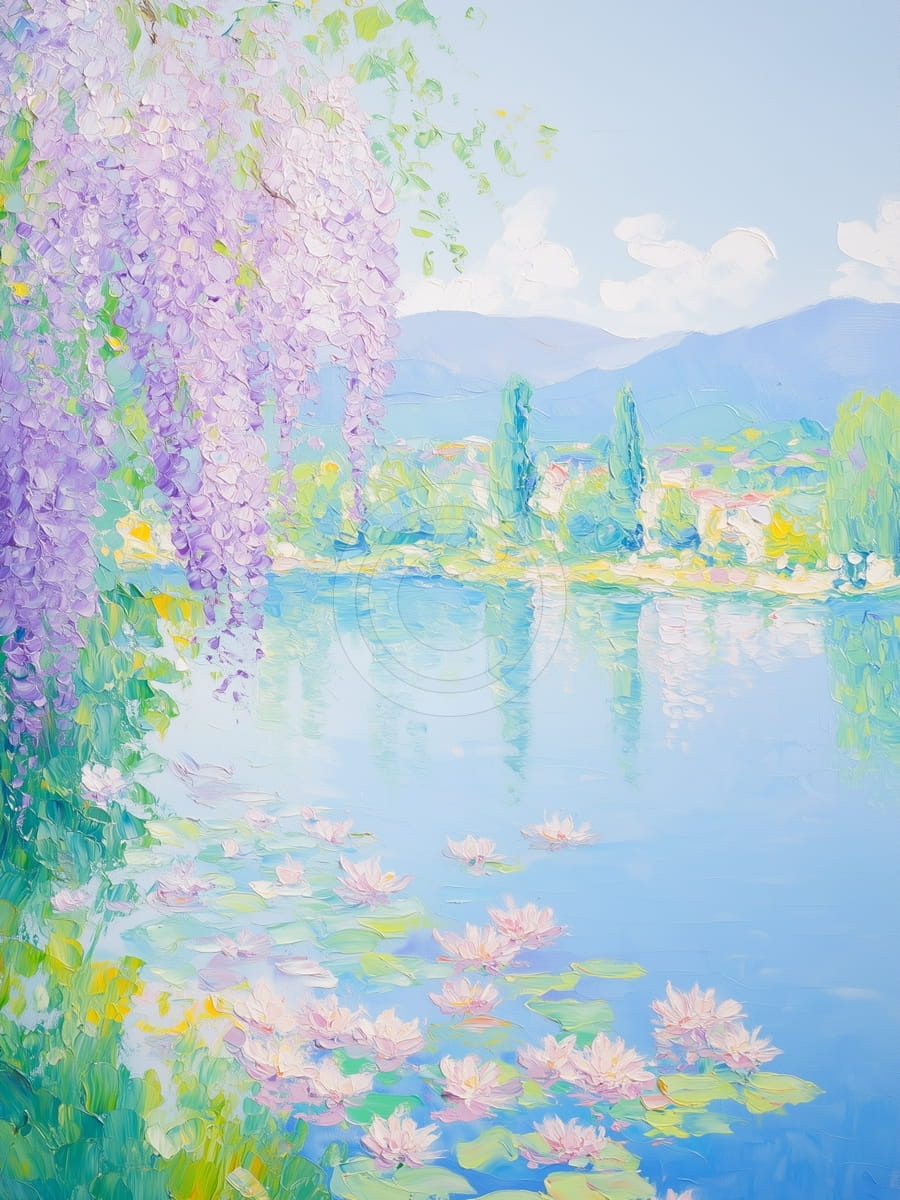 Glicinia junto al lago con nenúfares