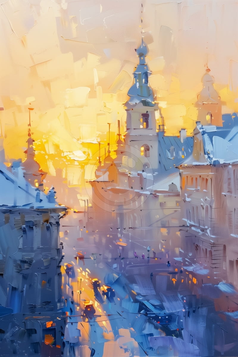 Rue de ville avec clochers au coucher du soleil