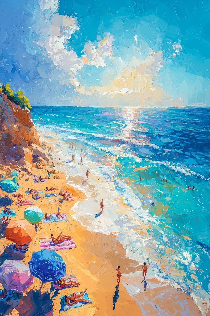 Plage d'été avec parasols et baigneurs