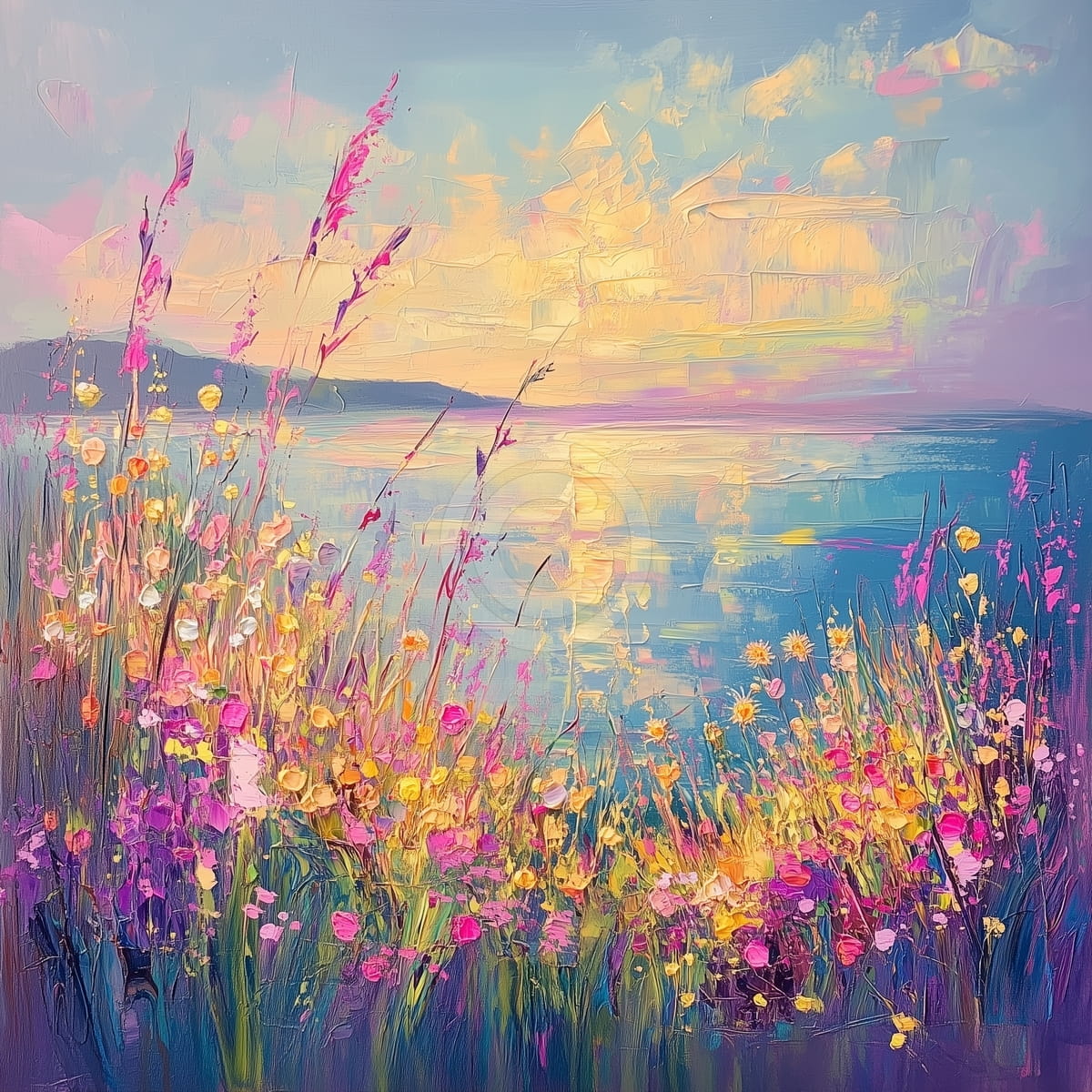 Wildflowers by the Lake at Sunset