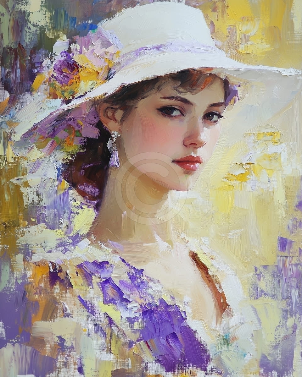 Femme au chapeau blanc avec des fleurs violettes