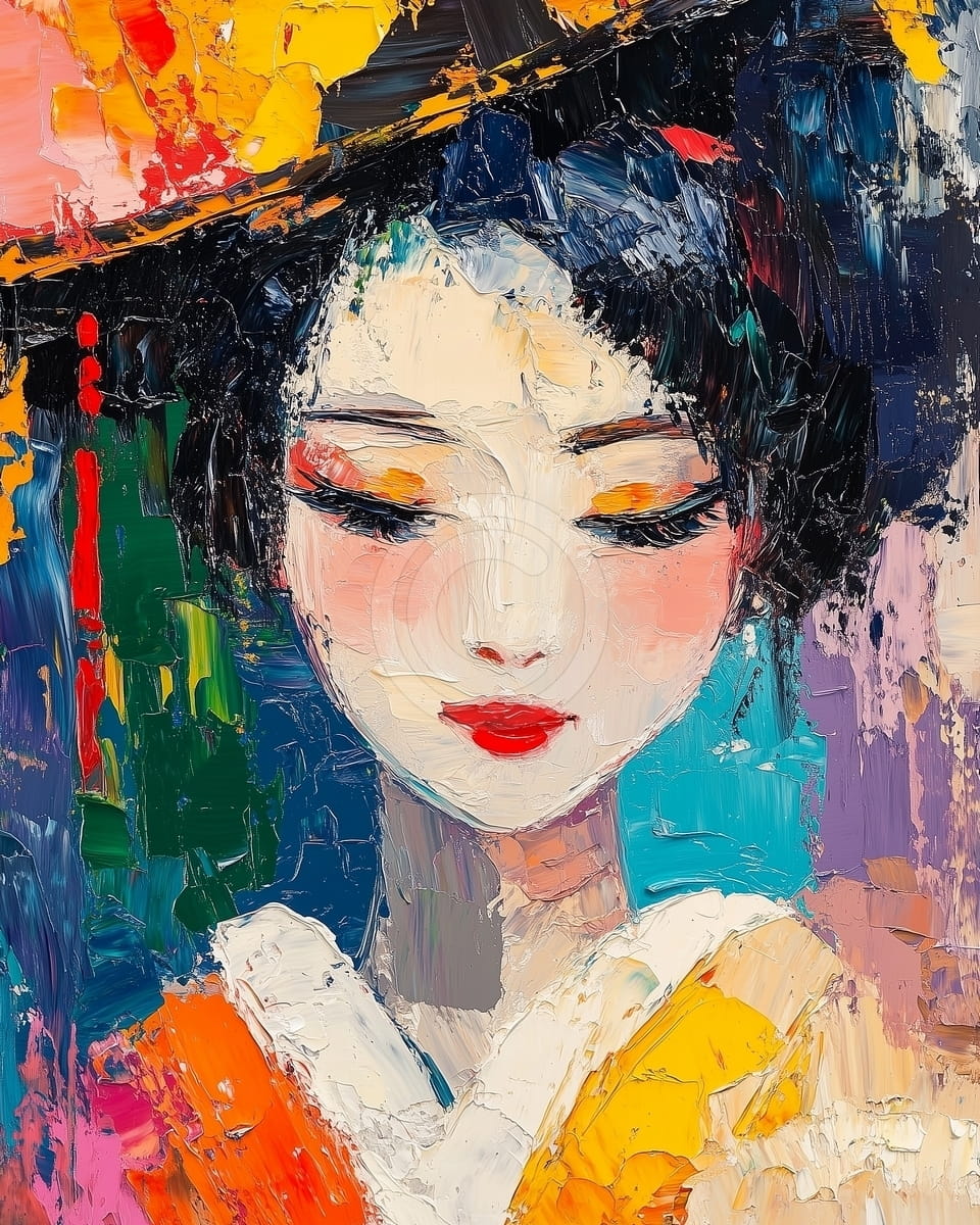 Frau mit roten Lippen in bunten Pinselstrichen