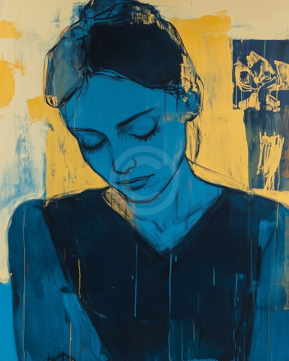 Mujer azul con mirada baja