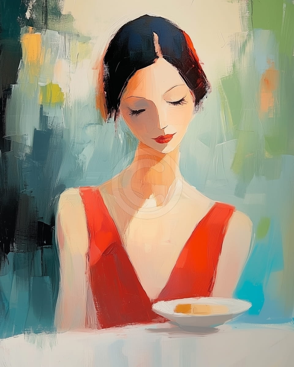 Donna in Abito Rosso al Tavolo