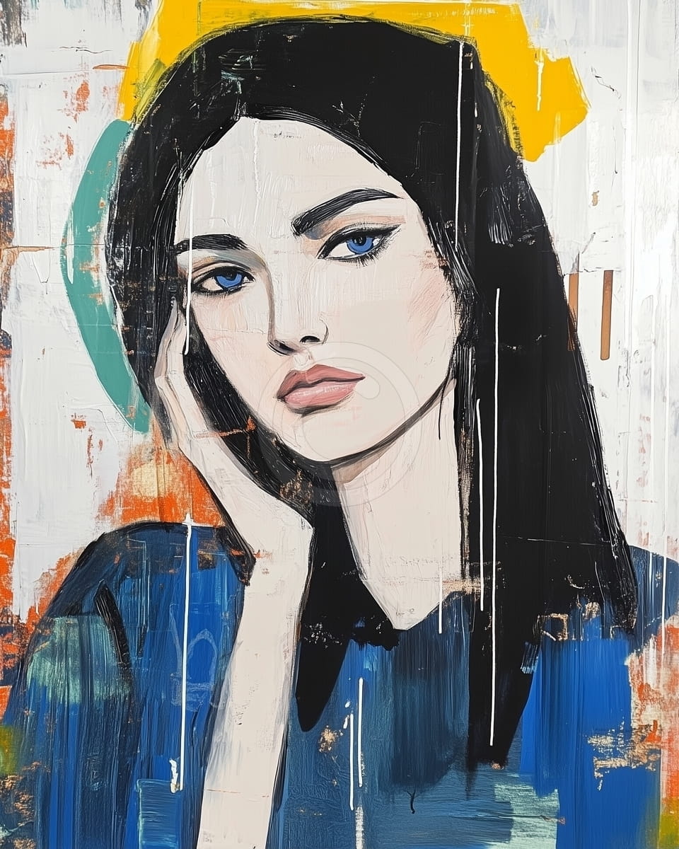 Mujer con ojos azules y mano en la mejilla